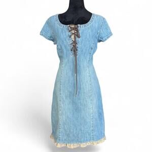 Y2K Fitted Blue Denim Lace-Up Dress – Cottagecore Indie [S/M]